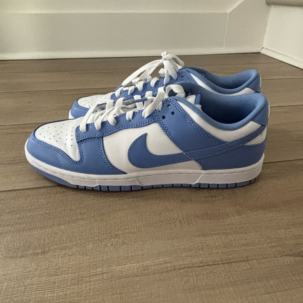 Men’s cornflower blue low dunks.